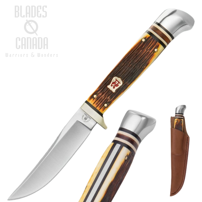 Kissing Crane Amber Bone Hunter Fixed Blade Knife, Leather Sheath, KC5477